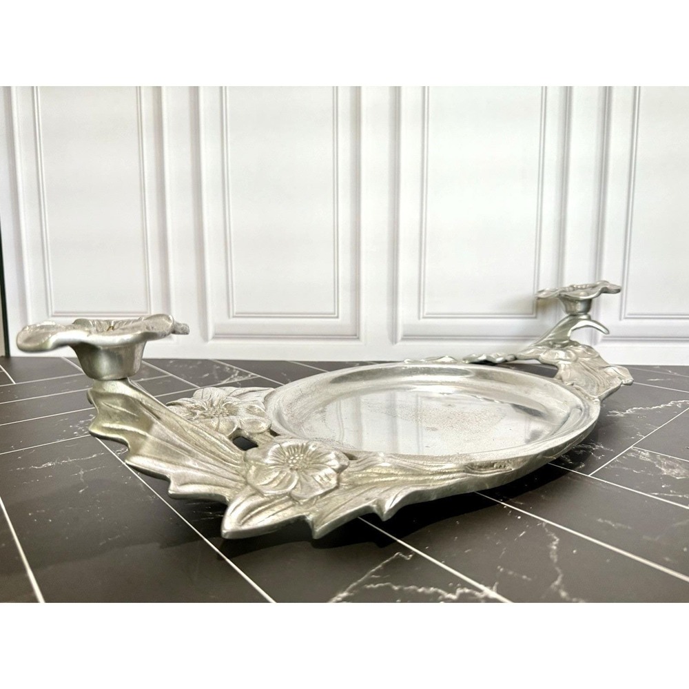 Vintage Ismael Valenzuela Romo Pewter Serving Tray With Flower Candle Holders